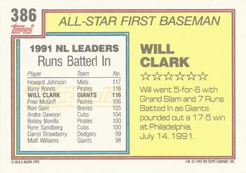 1992 Topps - Gold #386 Will Clark Back