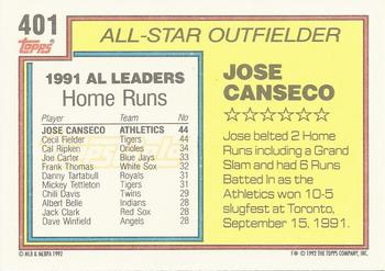 1992 Topps - Gold #401 Jose Canseco Back