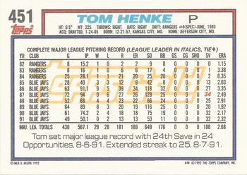 1992 Topps - Gold #451 Tom Henke Back