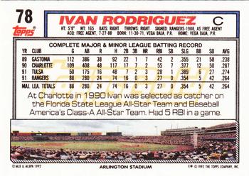 1992 Topps - Gold #78 Ivan Rodriguez Back