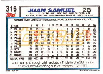 1992 Topps - Gold #315 Juan Samuel Back
