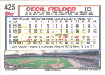 1992 Topps - Gold #425 Cecil Fielder Back