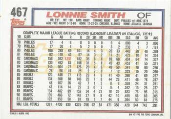 1992 Topps - Gold #467 Lonnie Smith Back