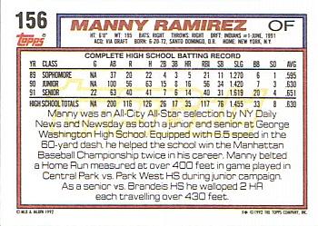 1992 Topps - Gold Winners #156 Manny Ramirez Back