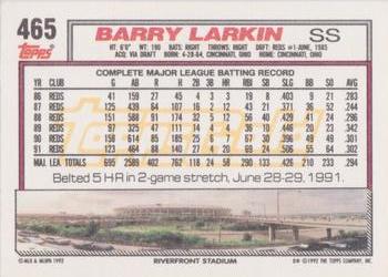 1992 Topps - Gold Winners #465 Barry Larkin Back