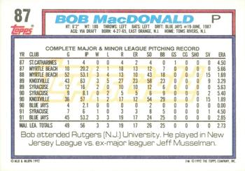 1992 Topps - Gold Winners #87 Bob MacDonald Back