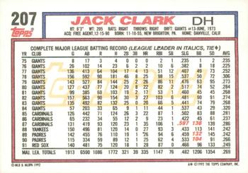 1992 Topps - Gold Winners #207 Jack Clark Back
