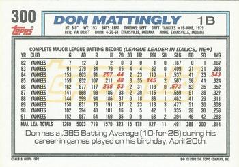 1992 Topps - Gold Winners #300 Don Mattingly Back