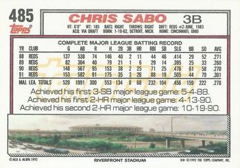 1992 Topps - Gold Winners #485 Chris Sabo Back