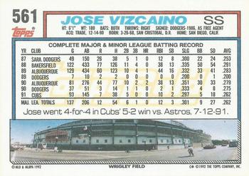 1992 Topps - Gold Winners #561 Jose Vizcaino Back