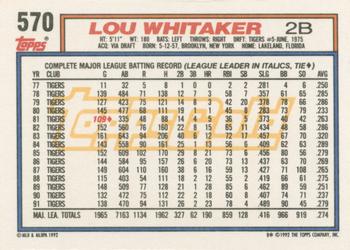 1992 Topps - Gold Winners #570 Lou Whitaker Back