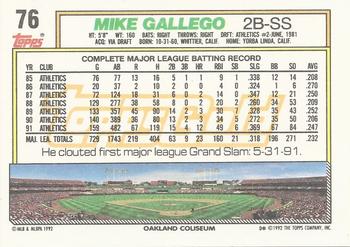 1992 Topps - Gold Winners #76 Mike Gallego Back