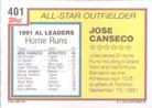 1992 Topps Micro #401 Jose Canseco Back