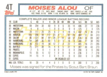 1992 Topps Traded - Gold #4T Moises Alou Back