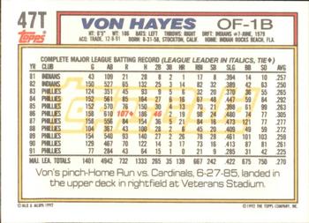 1992 Topps Traded - Gold #47T Von Hayes Back