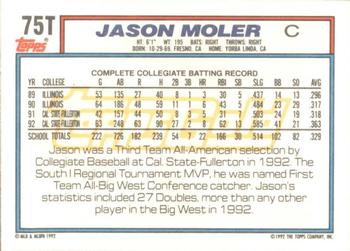 1992 Topps Traded - Gold #75T Jason Moler Back