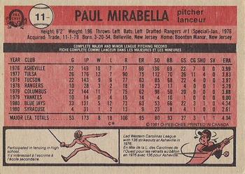 1981 O-Pee-Chee - Gray Back #11 Paul Mirabella Back