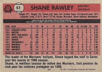 1981 O-Pee-Chee - Gray Back #51 Shane Rawley Back