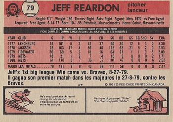 1981 O-Pee-Chee - Gray Back #79 Jeff Reardon Back