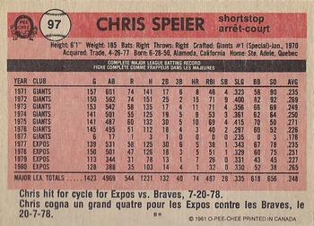 1981 O-Pee-Chee - Gray Back #97 Chris Speier Back