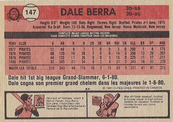1981 O-Pee-Chee - Gray Back #147 Dale Berra Back