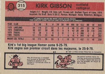 1981 O-Pee-Chee - Gray Back #315 Kirk Gibson Back