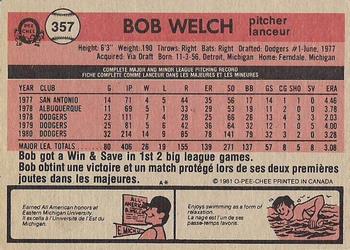 1981 O-Pee-Chee - Gray Back #357 Bob Welch Back