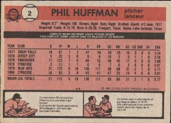 1981 O-Pee-Chee - Gray Back #2 Phil Huffman Back