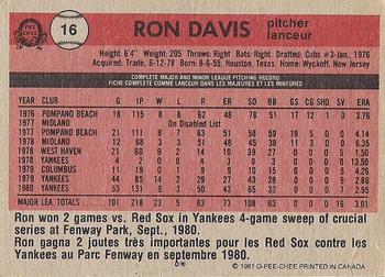1981 O-Pee-Chee - Gray Back #16 Ron Davis Back