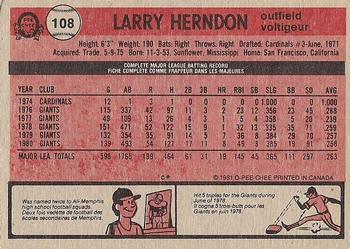 1981 O-Pee-Chee - Gray Back #108 Larry Herndon Back