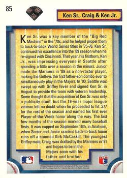 1992 Upper Deck - Gold Hologram #85 Ken Griffey Sr. / Craig Griffey / Ken Griffey Jr. Back