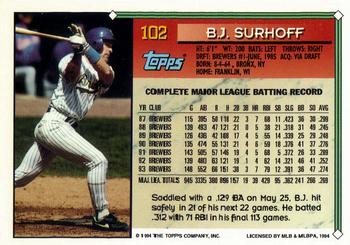 1994 Topps - Gold #102 B.J. Surhoff Back