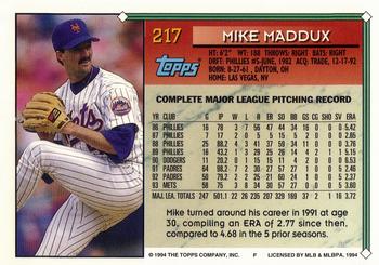 1994 Topps - Gold #217 Mike Maddux Back