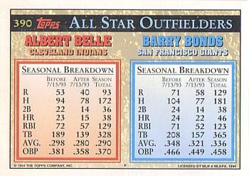1994 Topps - Gold #390 Barry Bonds / Albert Belle Back