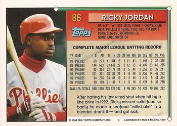 1994 Topps - Gold #86 Ricky Jordan Back
