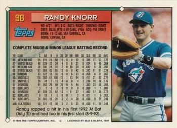 1994 Topps - Gold #96 Randy Knorr Back