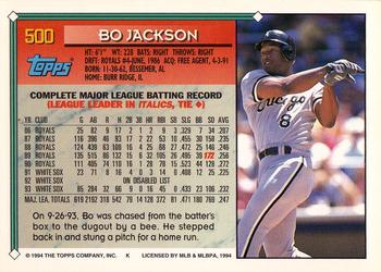 1994 Topps - Gold #500 Bo Jackson Back