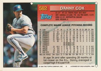 1994 Topps - Gold #582 Danny Cox Back