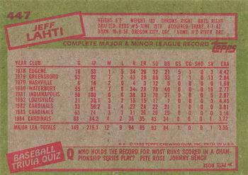 1985 Topps #447 Jeff Lahti Back