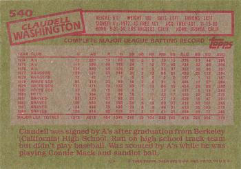 1985 Topps #540 Claudell Washington Back