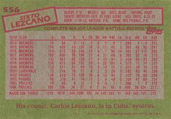 1985 Topps #556 Sixto Lezcano Back