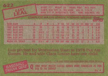 1985 Topps #622 Luis Leal Back