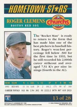 1994 Pinnacle Church's Hometown Stars #13 Roger Clemens Back