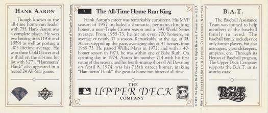 1993 Upper Deck All-Time Heroes #1 Hank Aaron Back