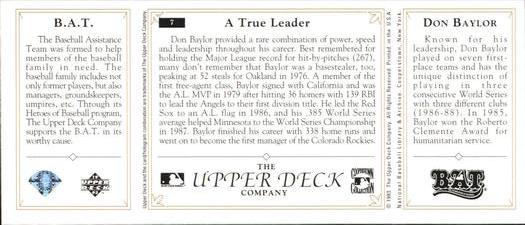 1993 Upper Deck All-Time Heroes #7 Don Baylor Back