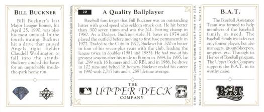 1993 Upper Deck All-Time Heroes #20 Bill Buckner Back