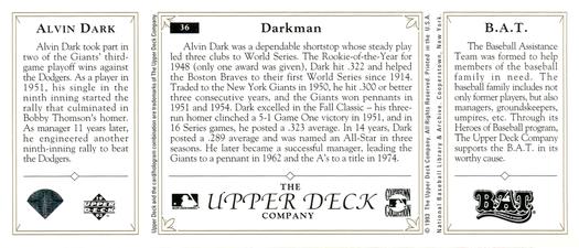 1993 Upper Deck All-Time Heroes #36 Alvin Dark Back