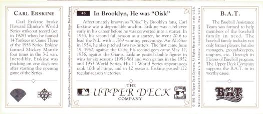 1993 Upper Deck All-Time Heroes #46 Carl Erskine Back