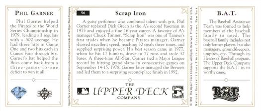 1993 Upper Deck All-Time Heroes #56 Phil Garner Back