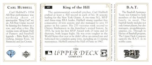 1993 Upper Deck All-Time Heroes #69 Carl Hubbell Back